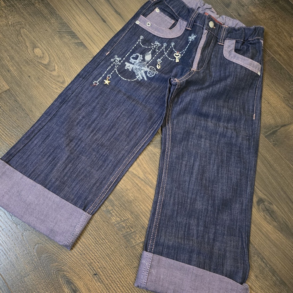 Oilily Girls Jeans Size 128 7/8 NWT Purple Trim Charm Embroidery Dark Wash